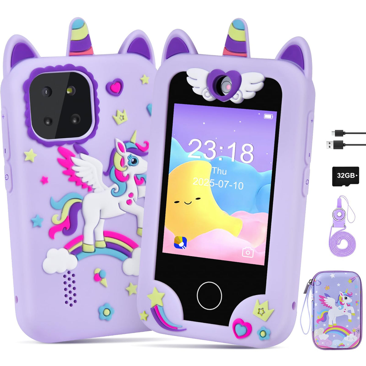Jusvenmt Upgrade Kids Phone Toy for 3 4 5 6 7 8 Year Old, Christmas & Birthday Gift for Girls Ages 3-10, Touchscreen Toddler Smartphone with 44 Games, Dual Camera, MP3 Player, 32GB Card, Bag Purple 🍁 All In One Marketplace Canada