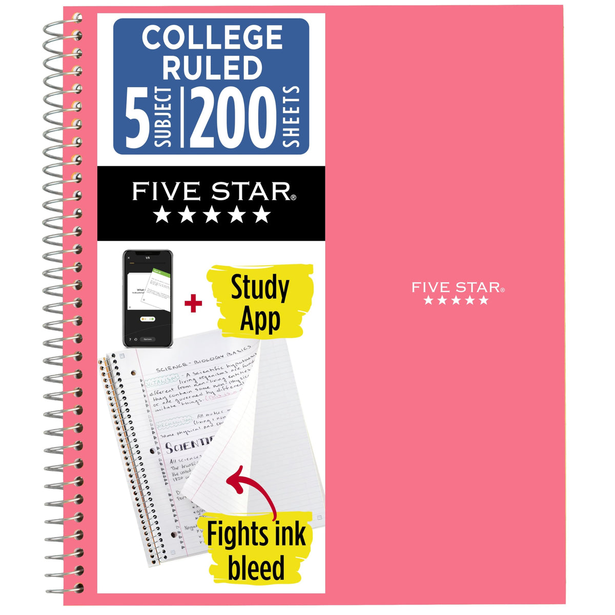Five Star Spiral Notebook + Study App, 5 Subject, College Ruled Paper, 8-1/2" x 11", 200 Sheets, Fights Ink Bleed, Water Resistant Cover, Prom Pink (820004R)