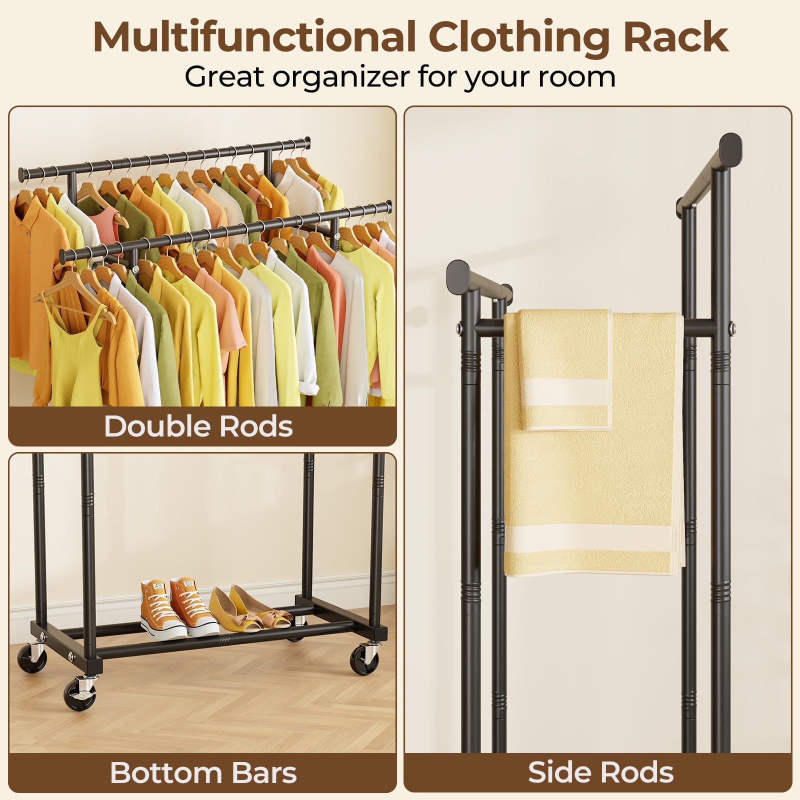 HYSEYY Double Rods Clothing Rack, Rolling Clothes Rack, Metal Garment Rack with 4 Lockable Wheels & Storage Shelf, Sturdy Coat Rack for Bedroom, Laundry, Living Room - 160H x 113W x 42D cm (Black) - Available at All In One Marketplace Canada