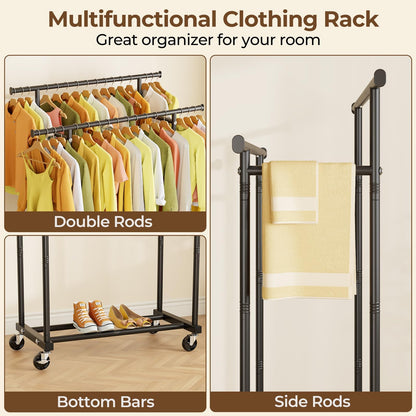 HYSEYY Double Rods Clothing Rack, Rolling Clothes Rack, Metal Garment Rack with 4 Lockable Wheels & Storage Shelf, Sturdy Coat Rack for Bedroom, Laundry, Living Room - 160H x 113W x 42D cm (Black) - Available at All In One Marketplace Canada
