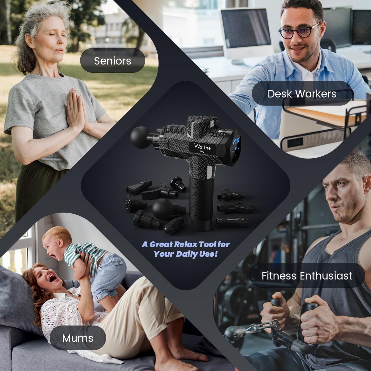 Muscle Massage Gun Deep Tissue Percussion Massager - Portable Handheld Sport Massagers for Athletes, Quiet & Powerful Brushless Motor Cordless, 20 Speed Level,Wattne W2 (Carbon)