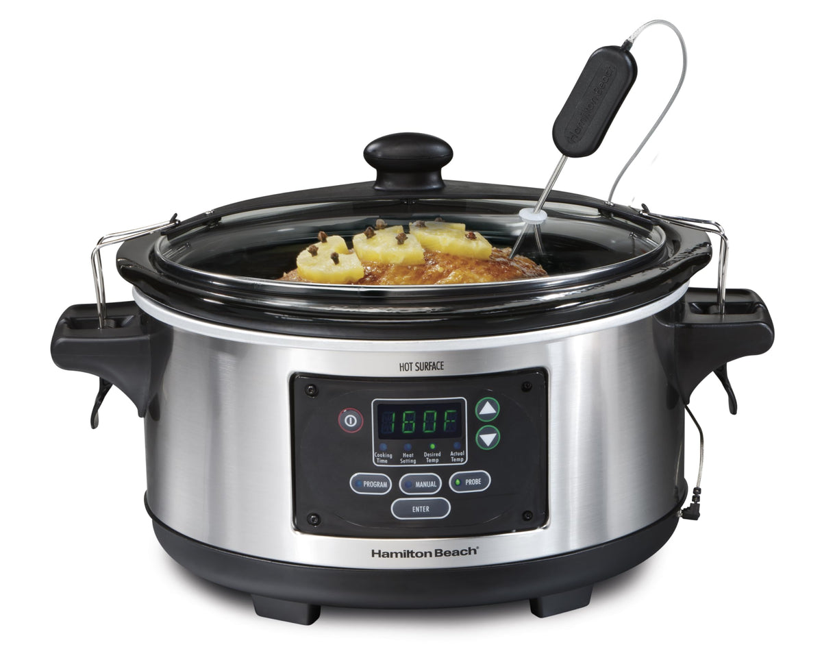 Hamilton Beach Set & Forget Programmable Slow Cooker, 6 Quart (5.7 L), Stainless Steel, Temperature Probe, Lid Lock for Travel, Dishwasher Safe Crock & Lid, Model 33969AG