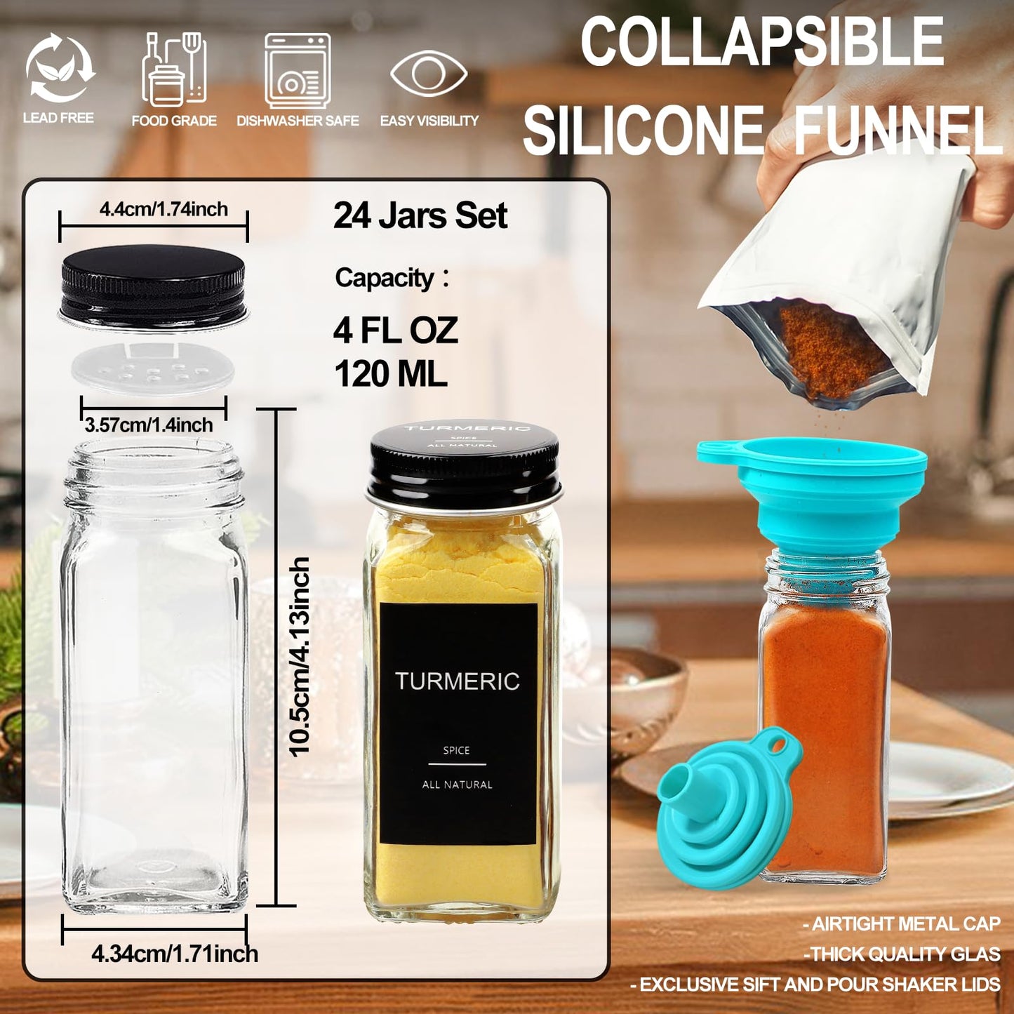 AISIPRIN 24 Pcs Glass Spice Jars with 398 Labels, 4oz Empty Square Containers Seasoning Bottles - Shaker Lids, Funnel, Brush and Marker Included(Black Metal Caps) - Available at All In One Marketplace Canada