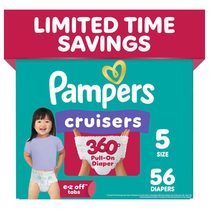 Pampers Diapers - Cruisers 360 degrees - Size 5, 56 Count, up to 100% Leakproof Fit, Designed for Active Babies, Pull On Diaper, EZ Off Tabs Designed for Easy Changes 🍁 All In One Marketplace Canada