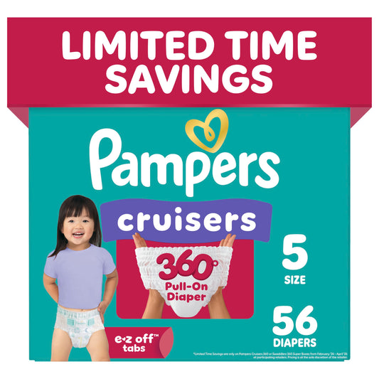 Pampers Diapers - Cruisers 360 degrees - Size 5, 56 Count, up to 100% Leakproof Fit, Designed for Active Babies, Pull On Diaper, EZ Off Tabs Designed for Easy Changes 🍁 All In One Marketplace Canada