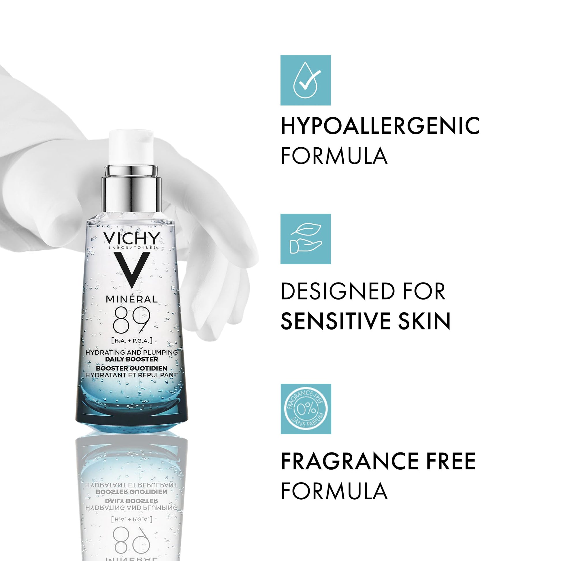 Vichy Hydrating Hyaluronic Acid Serum, Mineral 89 Daily Face Serum Skin Booster with Natural Origin Hyaluronic Acid, Hydrates and Strengthens Sensitive Skin, Recommended by Dermatologists VICHY
