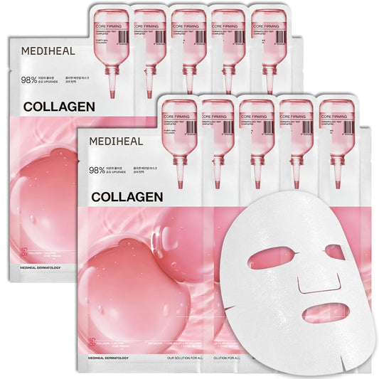 MEDIHEAL Collagen Essential Face Mask - Firming & Elasticity with Vegan Collagen, Peptides & Hyaluronic Acid, Deep Hydrating Korean Skincare for Dry & Wrinkle Skin (10 Sheets)