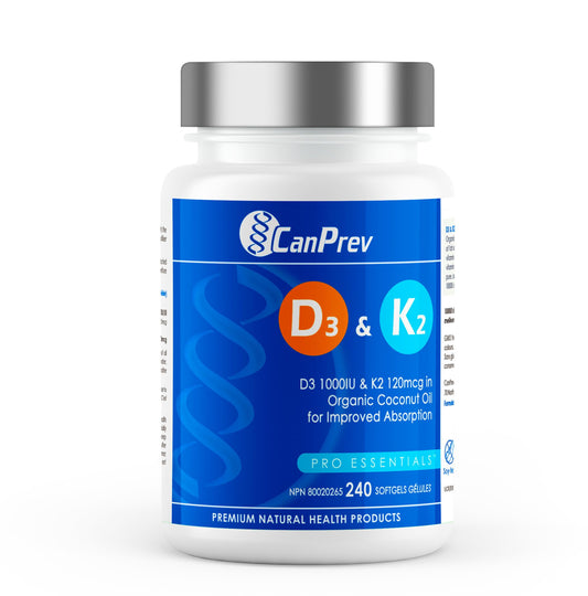 CanPrev - D3 & K2 Vitamin Supplement 240 Softgels 240-Day Supply, K2 MK7 Cholecalciferol Vitamin D3 Supplement, Organic Coconut Oil for Improved Absorption - Helps Build & Maintain Teeth & Bone Health