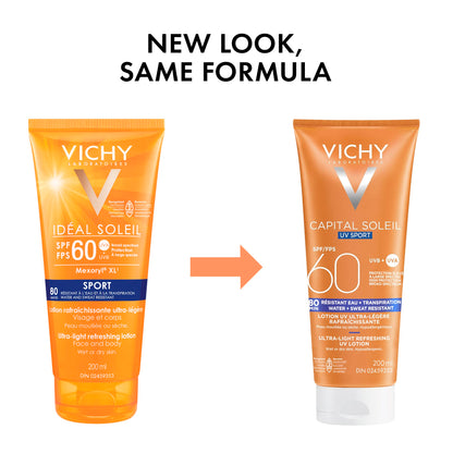 Vichy Water Resistant Sport Sunscreen, Ideal Soleil Sport SPF 60 Ultra Light Sunscreen Lotion for Face and Body, with Broad Spectrum SPF 60 and Mexoryl, 200mL VICHY