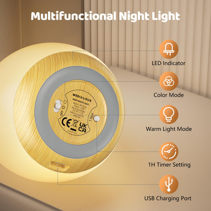 Night Lights for Kids, MediAcous Baby Night Light with 7 Colors Changing & Dimming Function, Rechargeable Kids Night Light with 1 Hour Timer & Touch Control, Up to 100H, Wood Grain