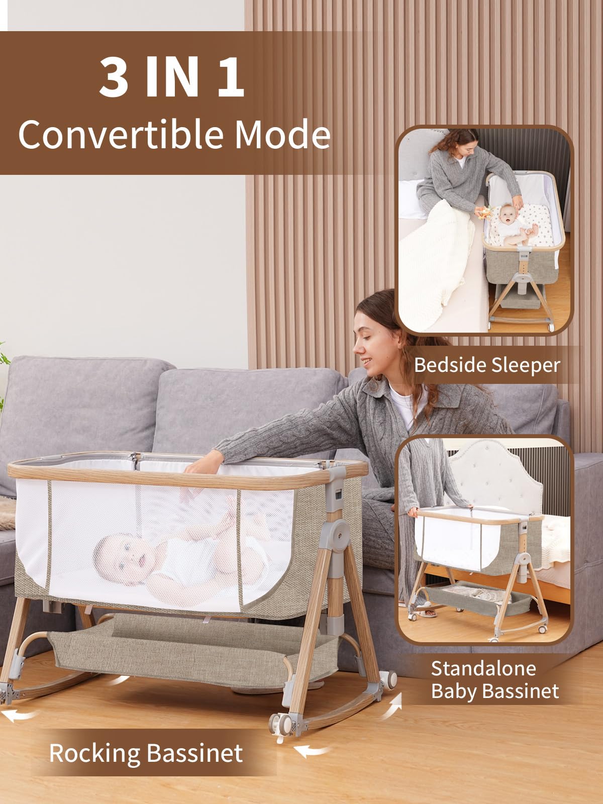 Baby Bassinet, Basinet Bedside Sleeper with Waterproof Bassinet Sheets and Soft Mattress, Safe Adjustable Height Bedside Bassinets with Wheels, Girl/Boy Bassinets, Jestonten (Khaki)