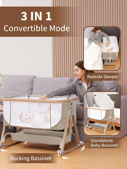 Baby Bassinet, Basinet Bedside Sleeper with Waterproof Bassinet Sheets and Soft Mattress, Safe Adjustable Height Bedside Bassinets with Wheels, Girl/Boy Bassinets, Jestonten (Khaki)