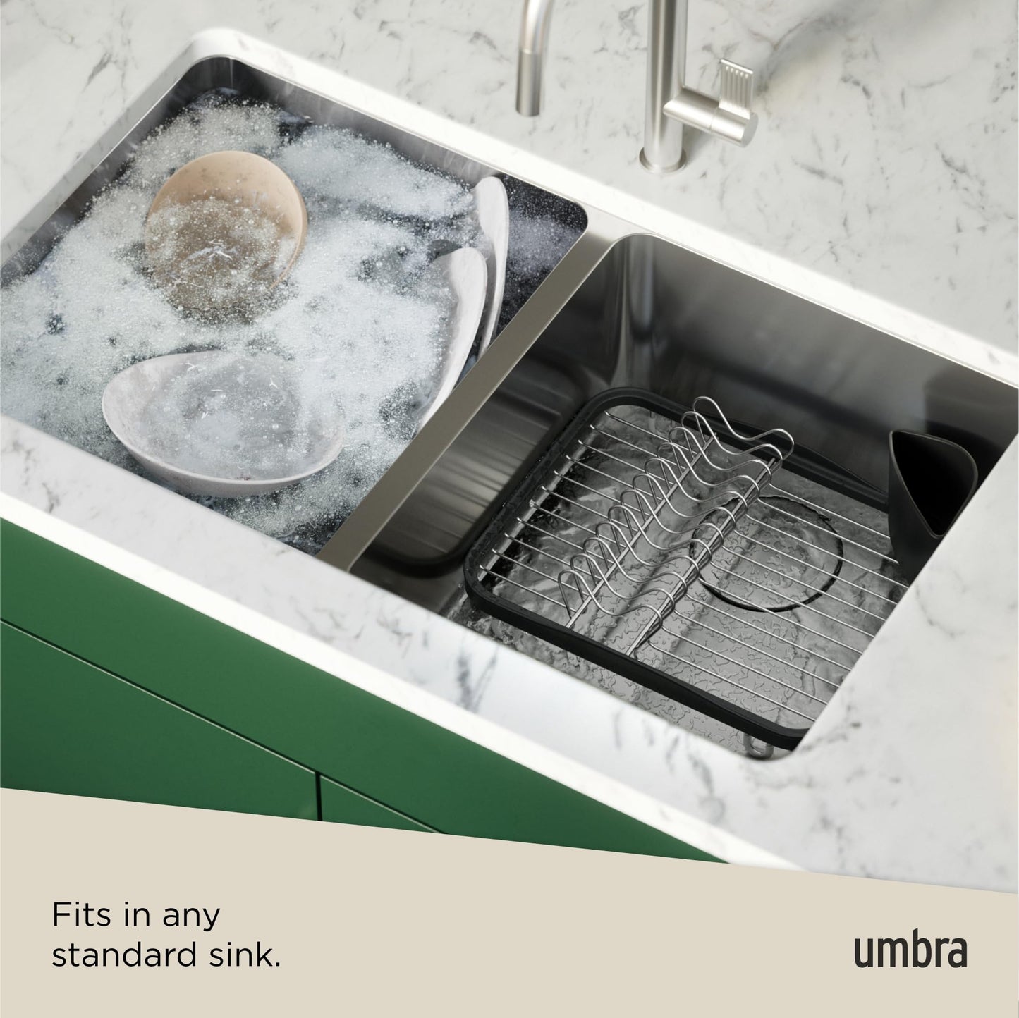 Umbra Sinkin Dish Drying Rack – Drainer Caddy with Removable Cutlery Holder – Use in Sink or On Counter, Standard, Black/Nickel Umbra