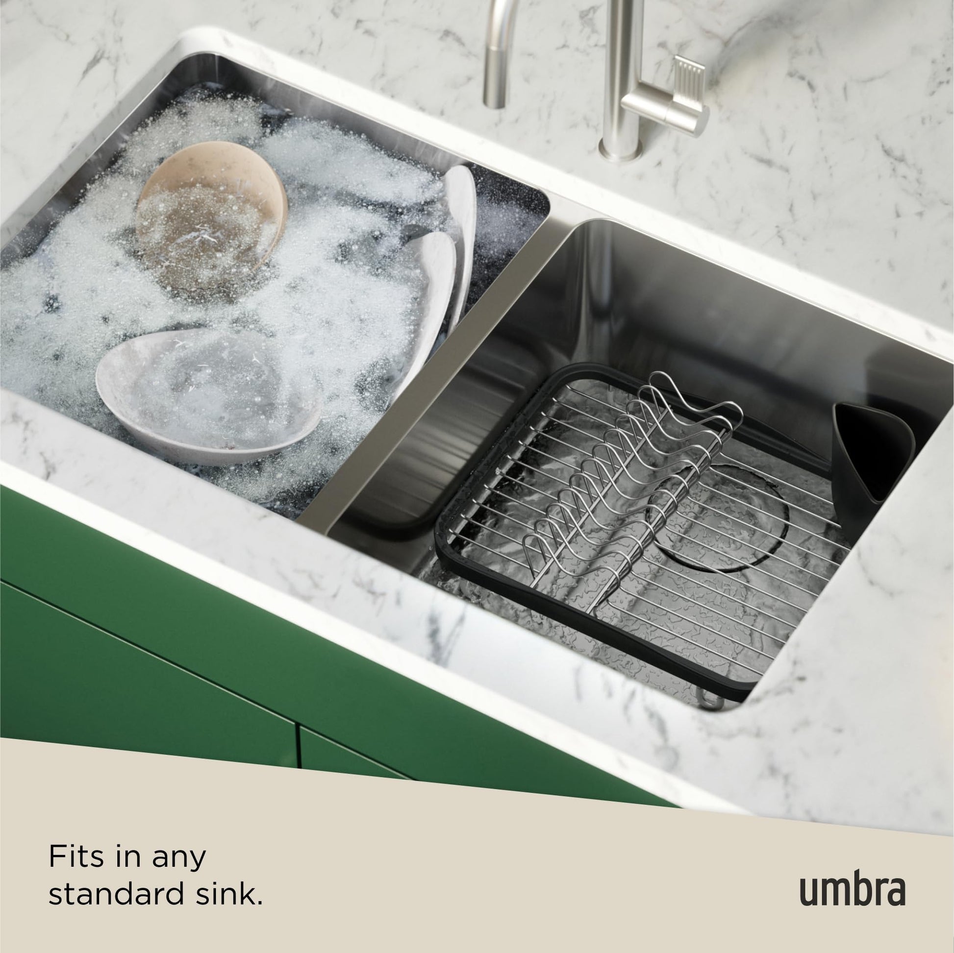 Umbra Sinkin Dish Drying Rack – Drainer Caddy with Removable Cutlery Holder – Use in Sink or On Counter, Standard, Black/Nickel Umbra