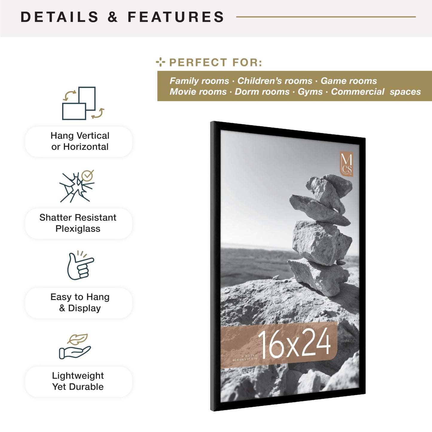 MCS Everline Collection 16x24 Poster Frame Black, Vertical & Horizontal Wall Hanging Large Picture Frame for Photos, Posters & Art Prints (1-Pack) MCS