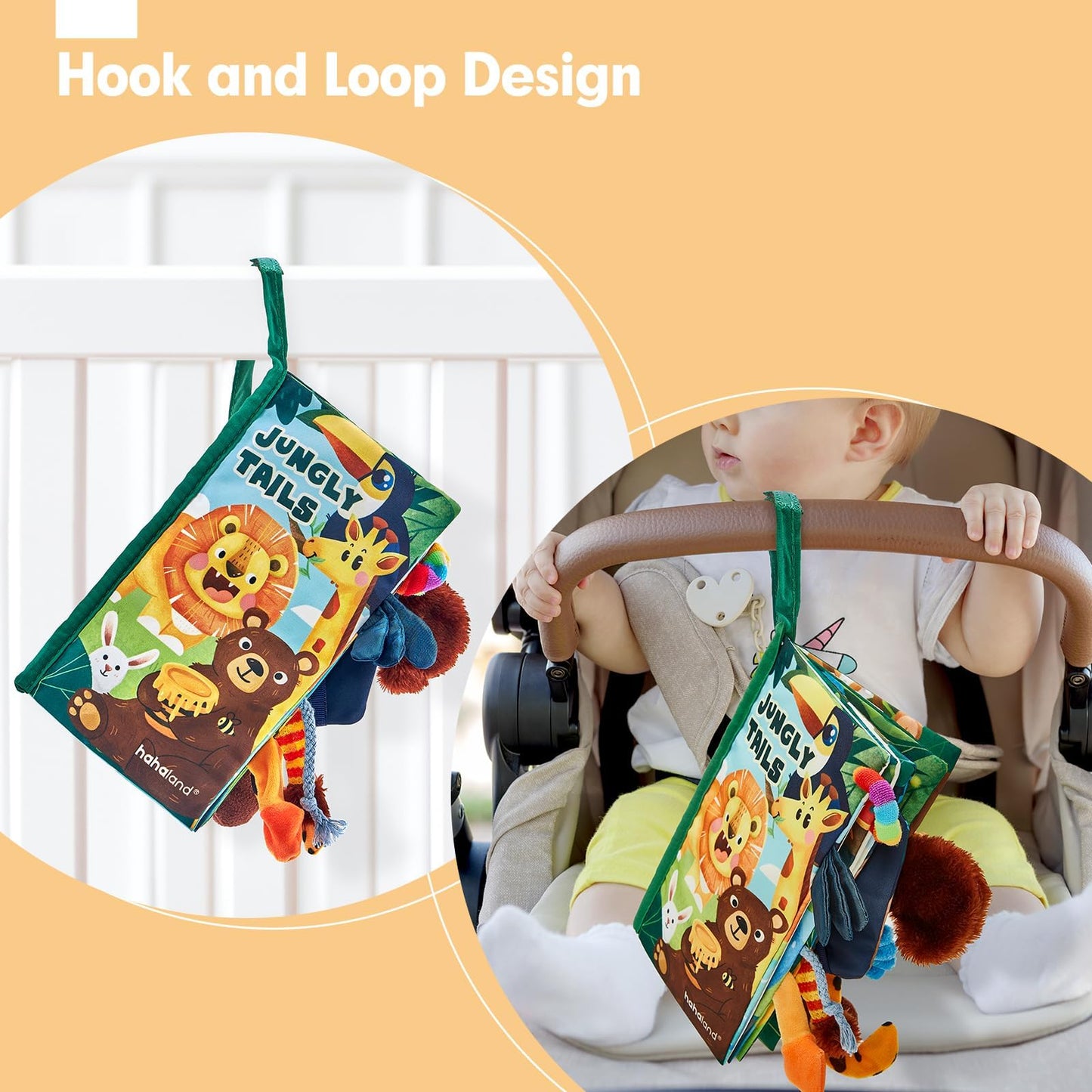 hahaland Baby Book Toy 0 3 6 12 Months - Touch and Feel First Crinkle Cloth Soft Book for Babies 0 Months, Baby Boy Girl Gifts for Newborn Infant - Jungly Tails Theme