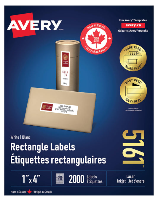 Avery White Rectangle Labels, 1" X 4" Rectangle Label with Easy Peel for Laser/Inkjet Printers, Shipping/Addressing, Permanent Labels, Printable Blank 2000 Labels, (5161) Made in Canada