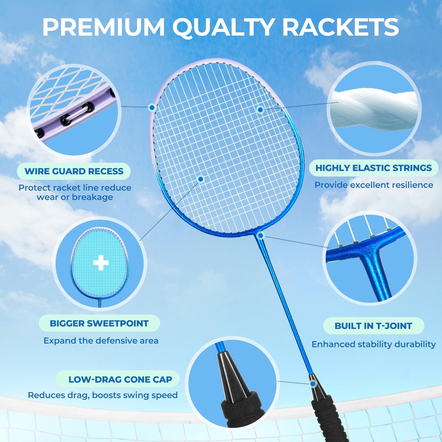 HIRALIY Badminton Rackets for Outdoor Backyard Games, Lightweight Badminton Set of 4 for Kids & Adults & Beginners, Including 4 Rackets, 12 Nylon Shuttlecocks, 4 Replacement Grip Tapes, 1 Carrying Bag - Available at All In One Marketplace Canada