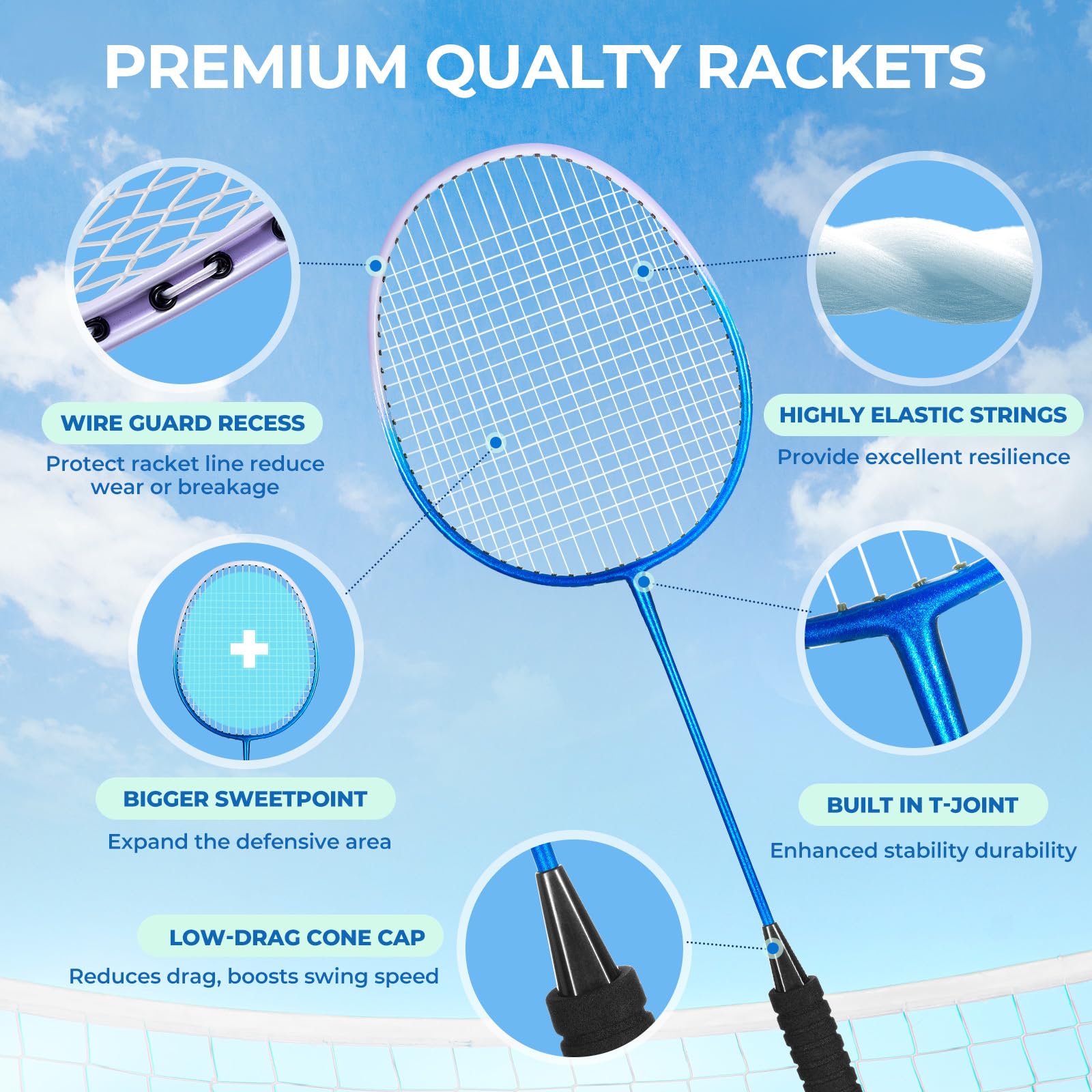 HIRALIY Badminton Rackets for Outdoor Backyard Games, Lightweight Badminton Set of 4 for Kids & Adults & Beginners, Including 4 Rackets, 12 Nylon Shuttlecocks, 4 Replacement Grip Tapes, 1 Carrying Bag - Available at All In One Marketplace Canada