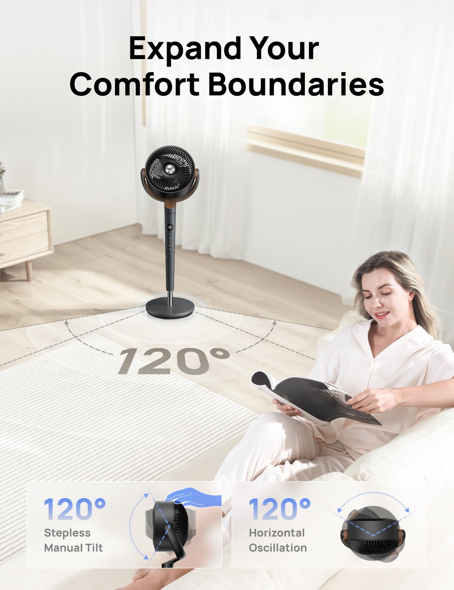 Dreo Fan for Bedroom, 120° Oscillating Standing Fans, Quiet Floor Fan with DC Motor, 100ft Pedestal Fans for Room, 9 Speeds, 4 modes, 20dB, 120° Manual Vertical, 37-42" Adjustable Height, 9H Timer