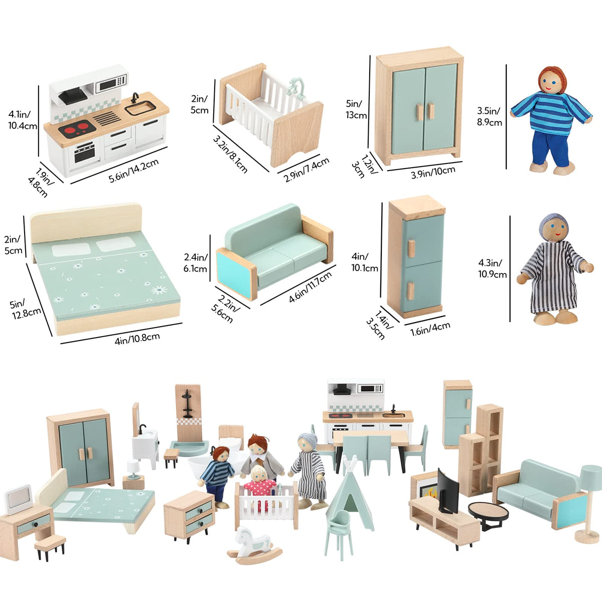 Giant bean 36pcs Wooden Dollhouse Furniture Set 5 Rooms 4 Family Dolls 🍁 All In One Marketplace Canada