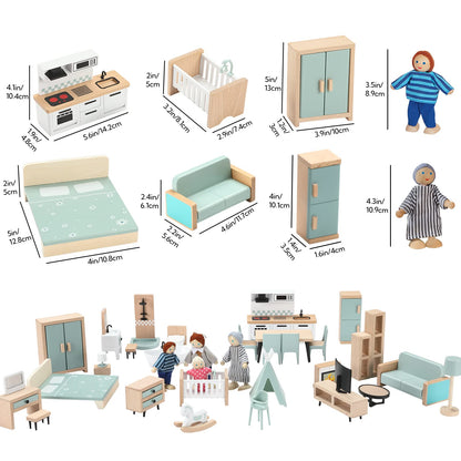 Giant bean 36pcs Wooden Dollhouse Furniture Set 5 Rooms 4 Family Dolls 🍁 All In One Marketplace Canada