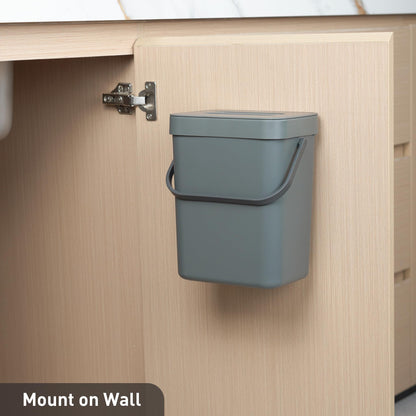 EKO Puro Mini Wall-Mounted Trash Can with Lid, Indoor Food Waste Compost Bucket, 0.79 Gal / 3L Small Hanging Trash Can for Kitchen (Grey) EKO