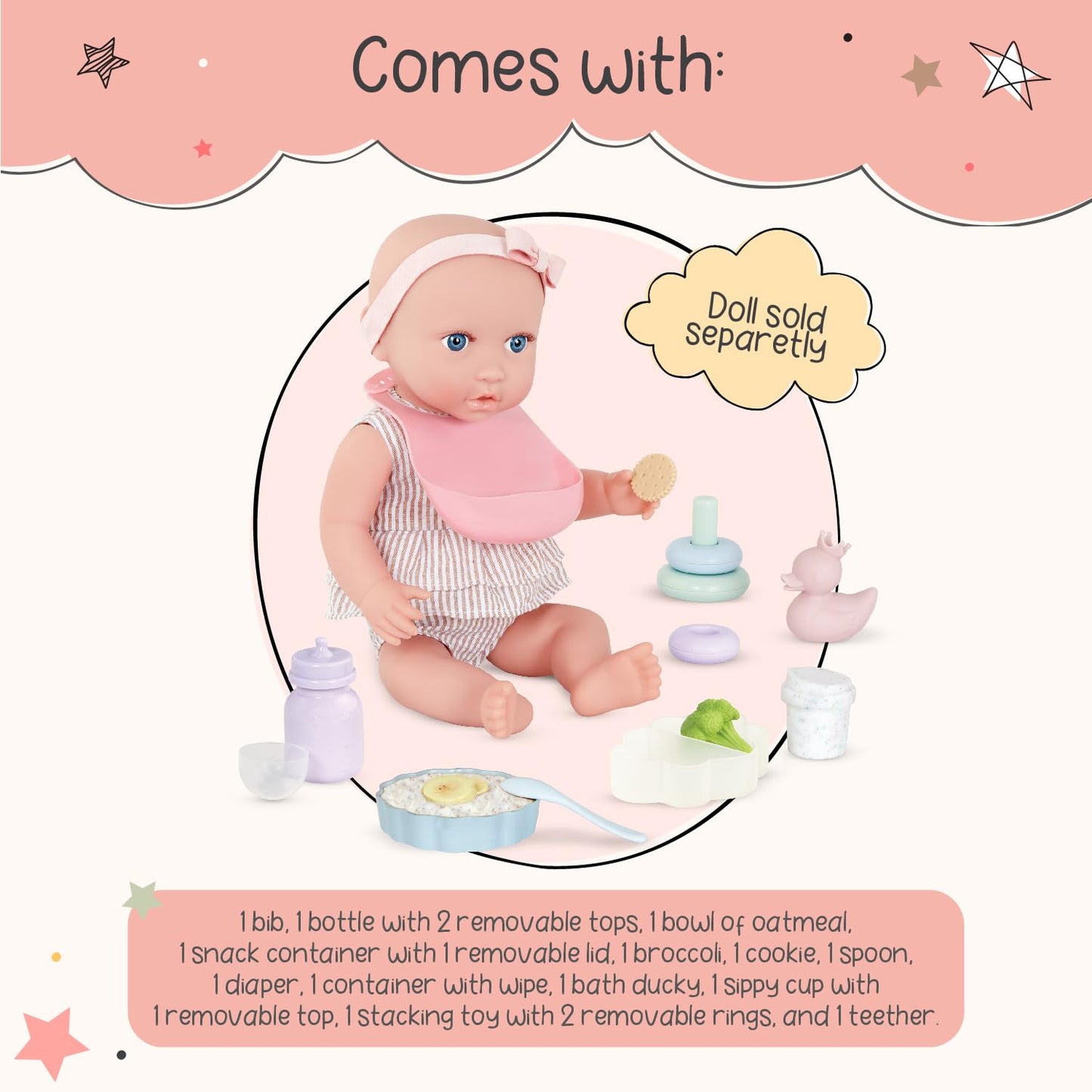 LullaBaby Baby Doll Accessories Meal Time and Changing Set, 19 Pc LullaBaby