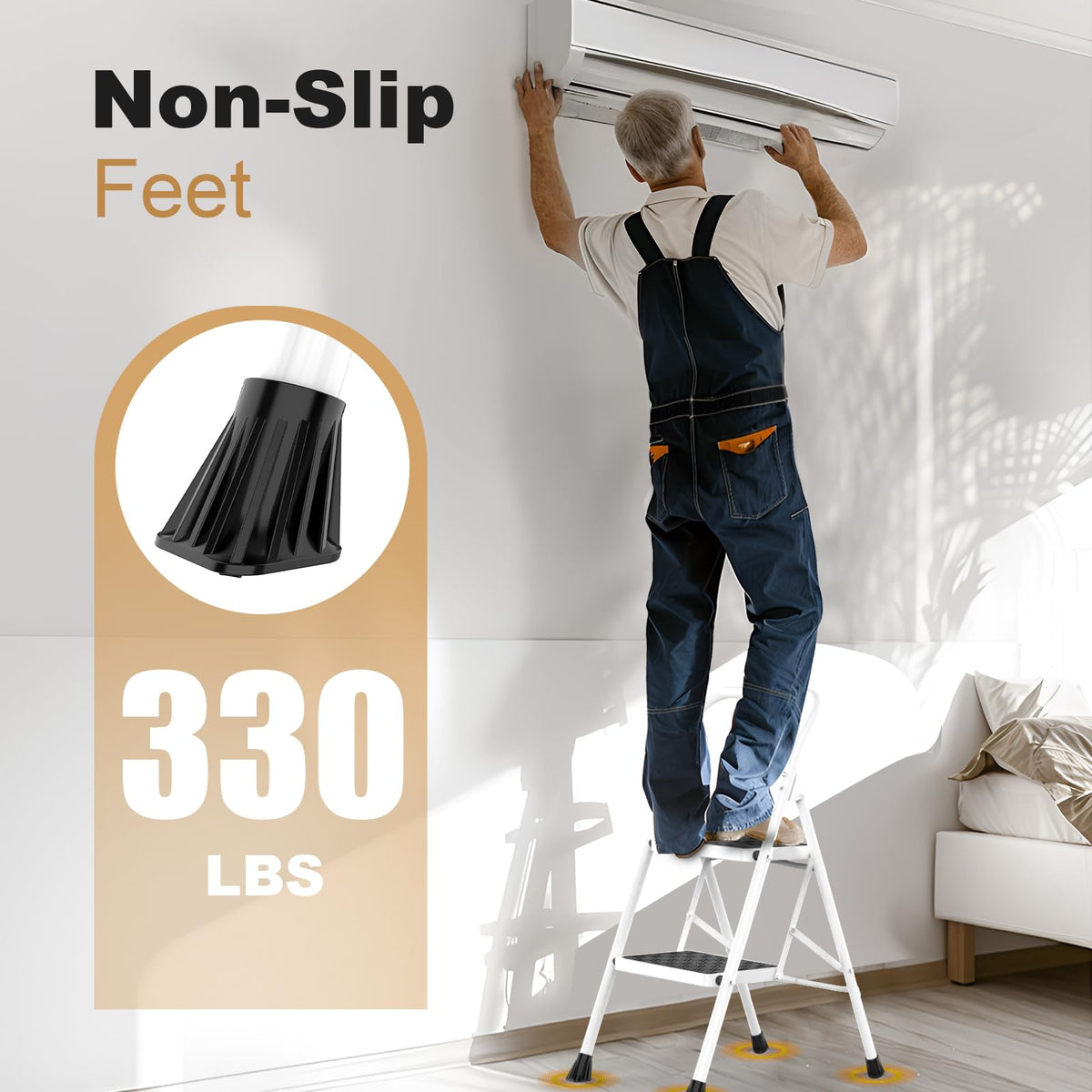 HBTower 2 Step Ladder, 2 Step Stool for Adults, Folding Step Stool with Cushioned Handle, 330 lbs/150 kg Capacity, Step Ladder with Wide Anti-Slip Pedal Ergonomic Design White