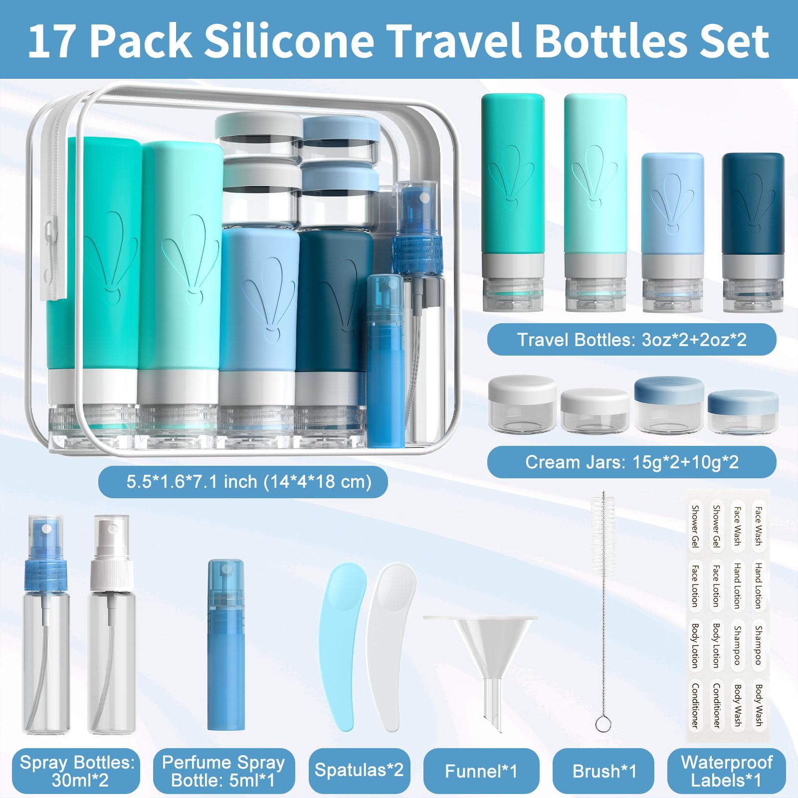 INSFIT 17 Pack Travel Bottles for Toiletries, TSA Approved 90ml 60ml Travel Size Toiletries, BPA Free Leak Proof Squeezable Silicone Tubes Travel Essentials for Shampoo Conditioner Lotion Soap - Available at All In One Marketplace Canada