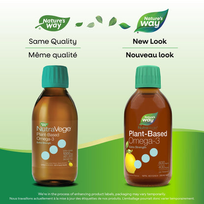 Nature's Way NutraVege Plant-based Omega 3 Supplement, Extra Strength Formula, Vegetarian, EPA + DHA from Algal Oil, Vegan, Lemon Flavour, 200 mL Liquid Nature's Way