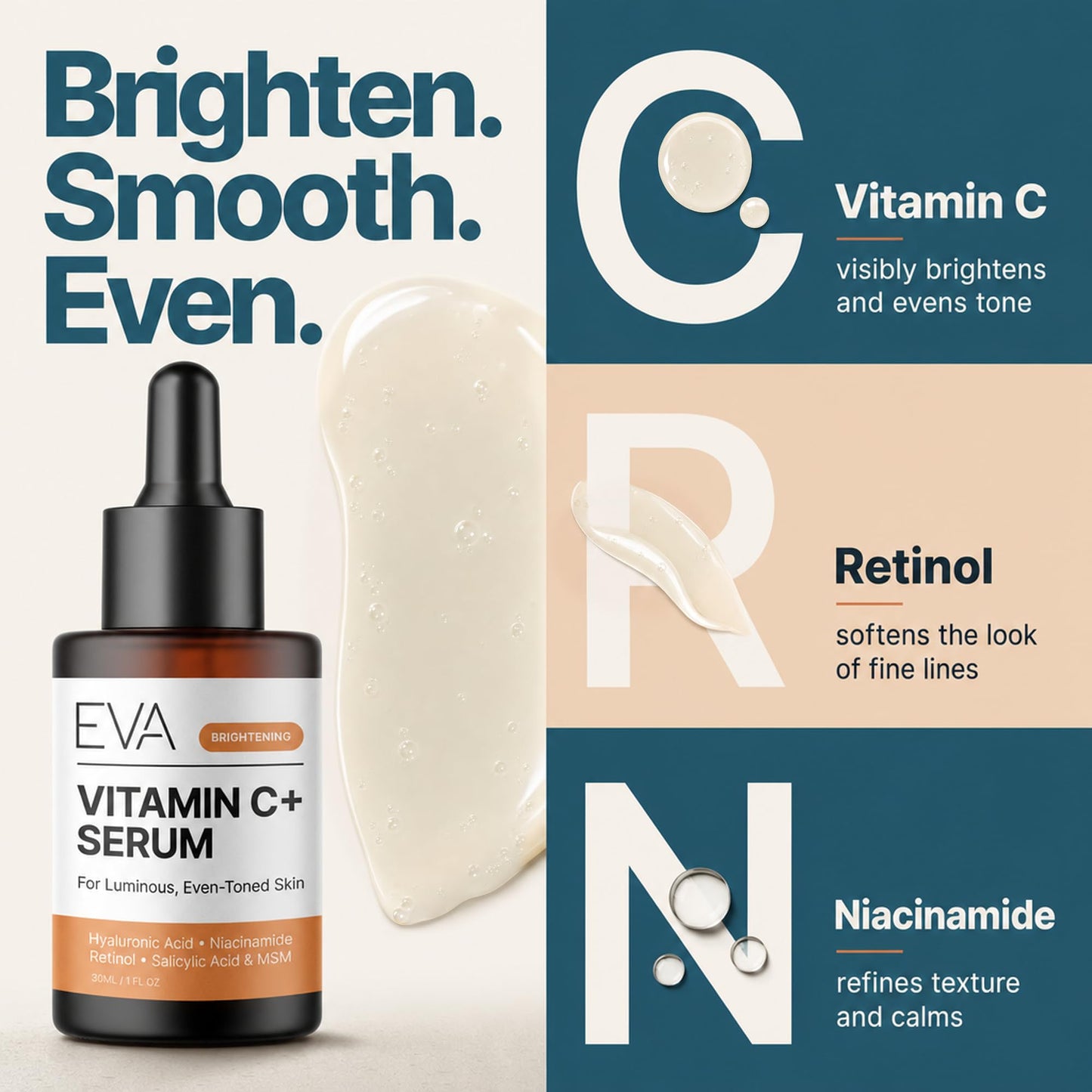 Eva Naturals Vitamin C+ Serum for Face – Anti Aging Facial Serum with Retinol, Salicylic Acid, Niacinamide & Hyaluronic Acid – Dark Spot, Fine Line & Wrinkle Support for Radiant Skin