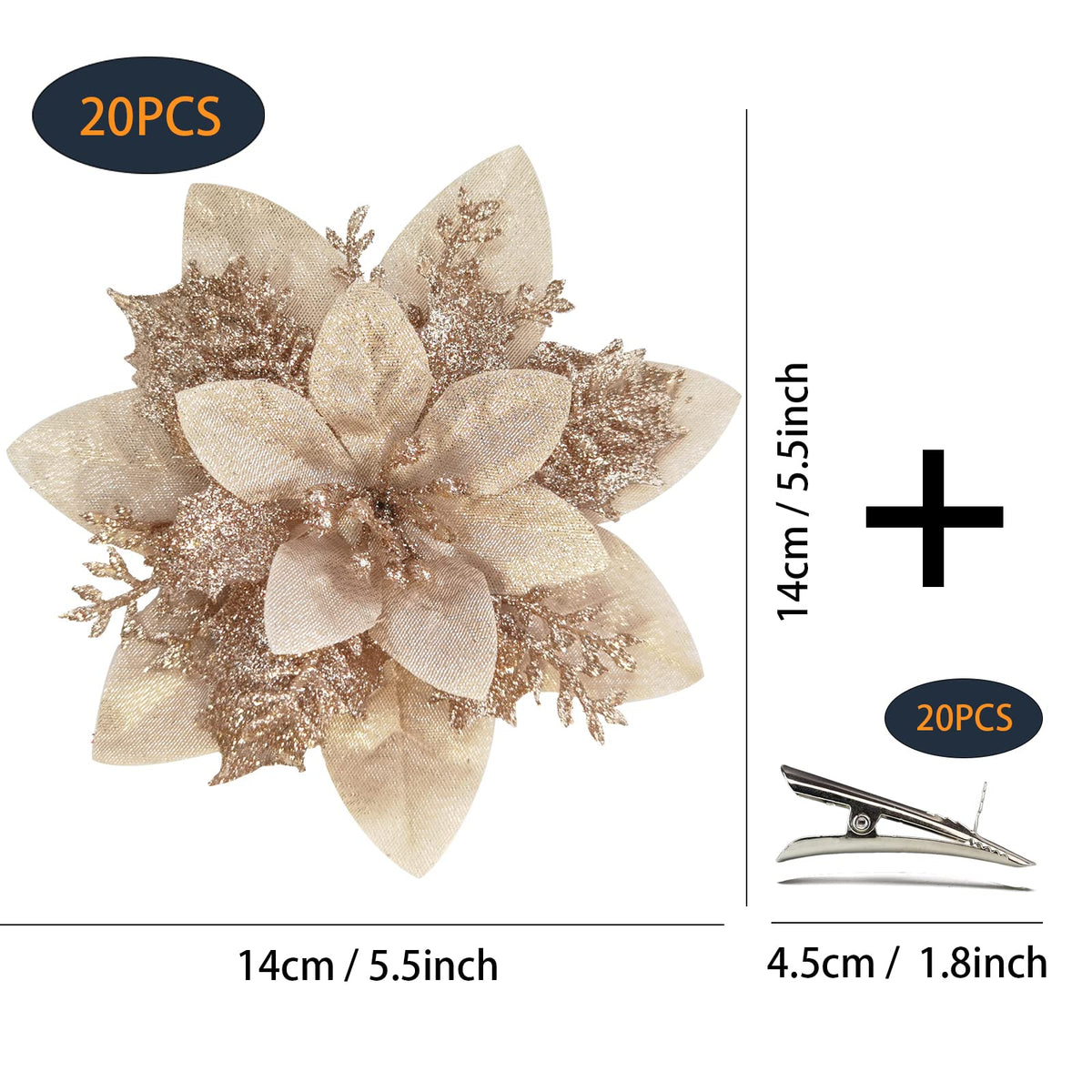MIKAILE 20PCS Christmas Flowers Artificial with Clip, Christmas Poinsettia Flowers with Glitter Powder Decorations for Christmas Tree Garland Christmas Wreath Indoor Decorations (Champagne) 🍁 All In One Marketplace Canada