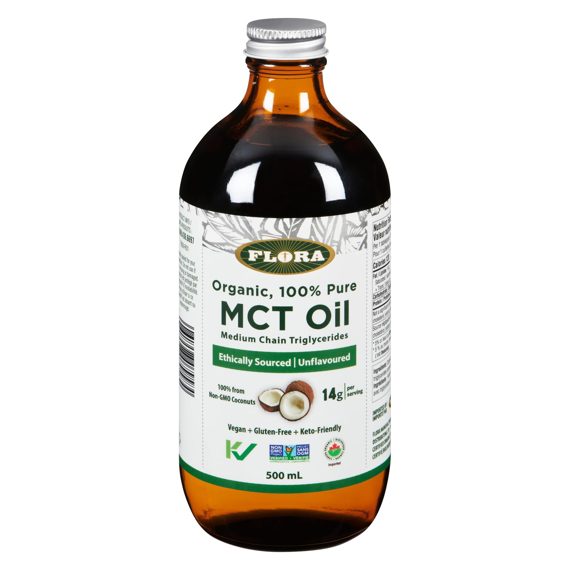 Flora MCT Oil – Organic C8 & C10 Energy Support, Keto-Friendly, Non-GMO, Sustainably Sourced Coconut, 500 mL