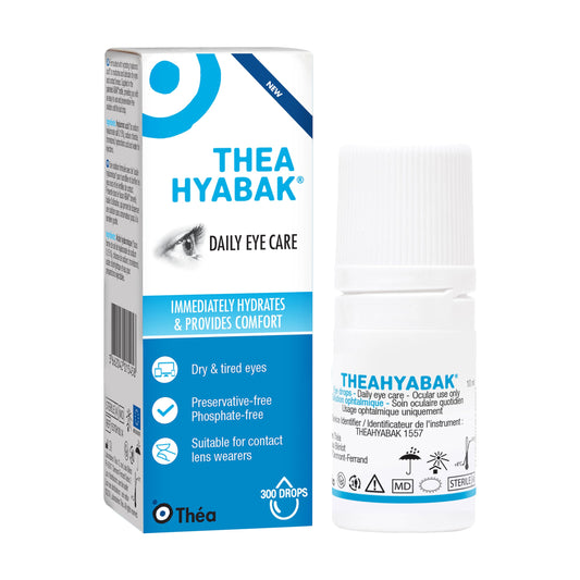 Thea Hyabak Eye Drops - Hyaluronic Acid for Dry Eyes, Contact Lens Moisturizing Lubricant, Occasional Dry Eye, Digital Device Use, Ideal for Extended Screen Use - 10 ml (300 Drops) - Available at All In One Marketplace Canada