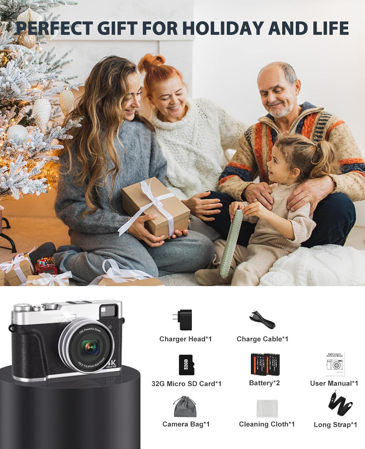 ToAuite 4K Digital Camera with Viewfinder, 48MP Autofocus Vlogging Camera for Photography and Video, Anti-Shake 16X Zoom Travel Portable Camera with Flash 32GB Card, Selfie YouTube Cameras with Dial - Available at All In One Marketplace Canada