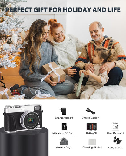 ToAuite 4K Digital Camera with Viewfinder, 48MP Autofocus Vlogging Camera for Photography and Video, Anti-Shake 16X Zoom Travel Portable Camera with Flash 32GB Card, Selfie YouTube Cameras with Dial - Available at All In One Marketplace Canada