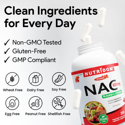 Nutridom NAC 600 mg, 300 Capsules, Canadian-Made N-Acetyl-L-Cysteine Supplement, Non-GMO, Vegan, Gluten Free, Made in Canada - Available at All In One Marketplace Canada