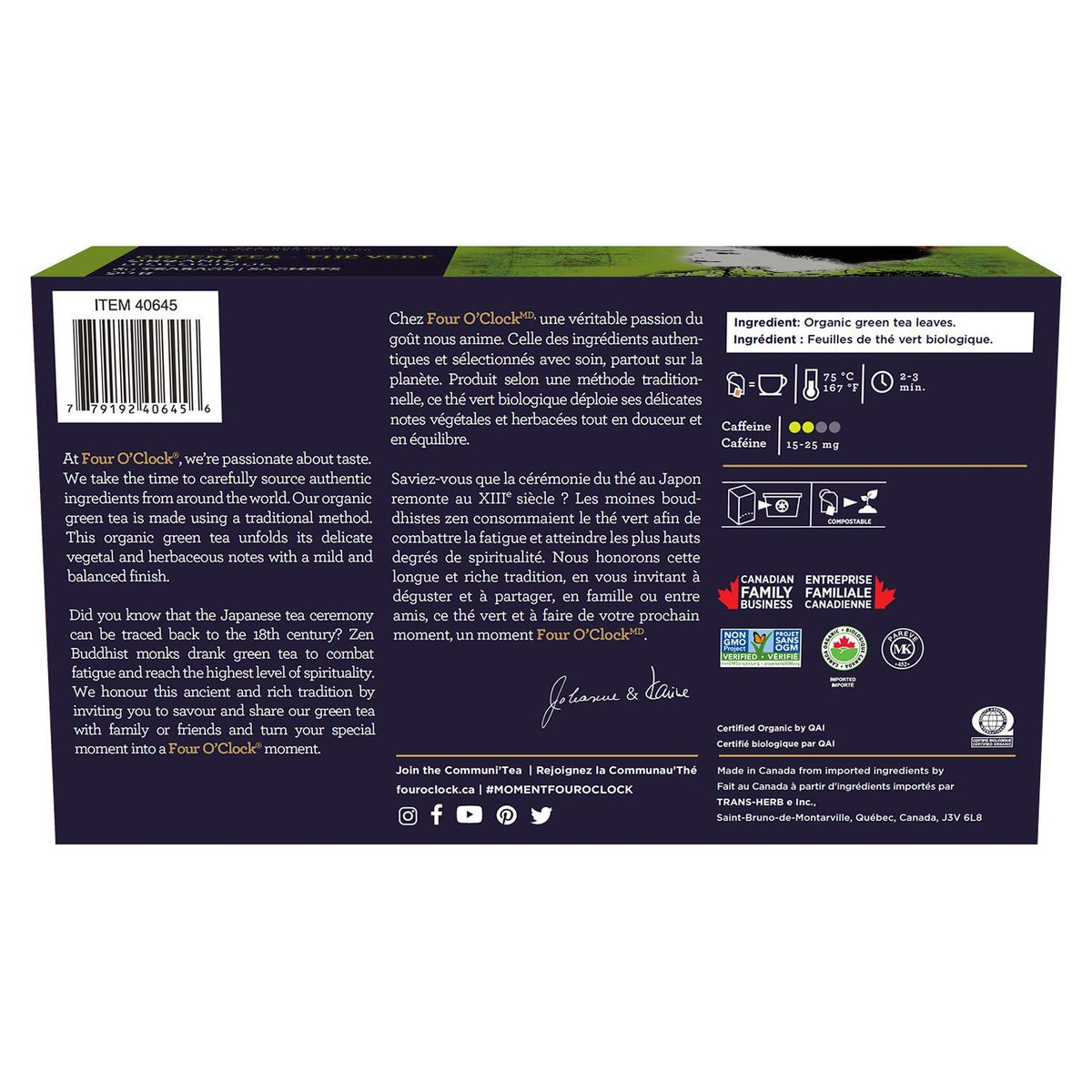 Four O'Clock Organic Green Tea, Non-Gmo, Kosher, Gluten-Free, 60 Teabags