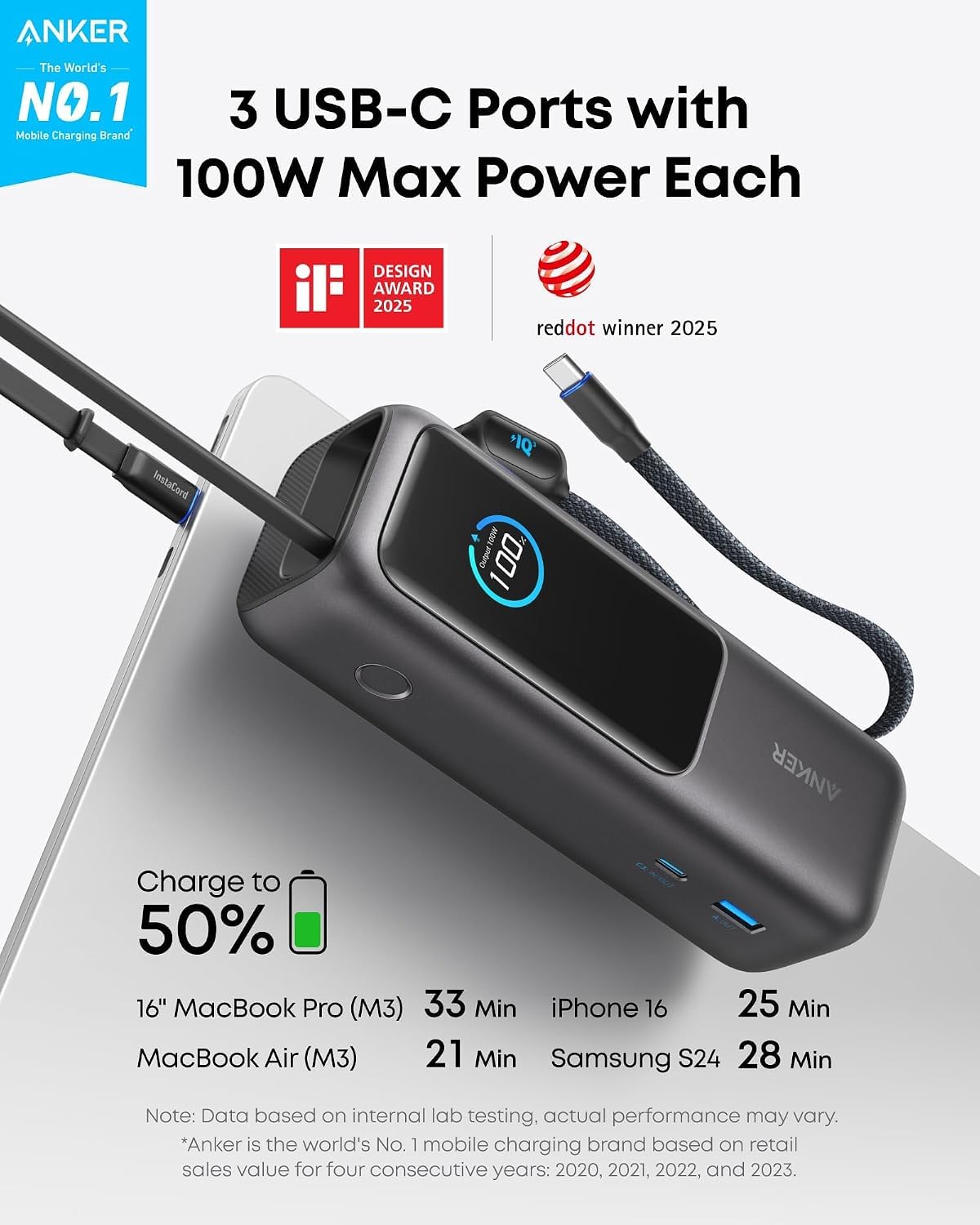 Anker Laptop Power Bank, 25,000mAh Portable Charger with Triple 100W USB-C Ports, Built-in Retractable Cables, Flight-Approved for Travel, iPhone 17/16 Series, MacBook, Samsung, and More - Available at All In One Marketplace Canada