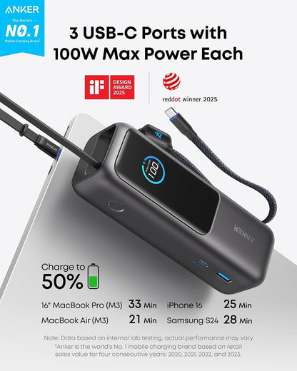 Anker Laptop Power Bank, 25,000mAh Portable Charger with Triple 100W USB-C Ports, Built-in Retractable Cables, Flight-Approved for Travel, iPhone 17/16 Series, MacBook, Samsung, and More - Available at All In One Marketplace Canada