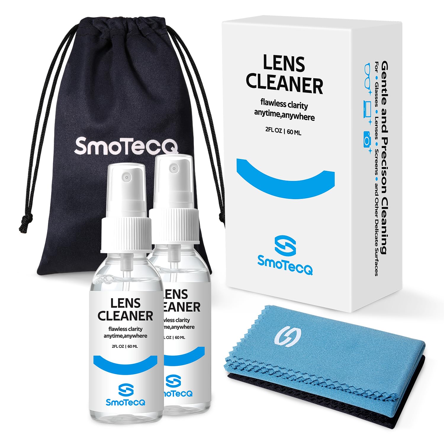 SmoTecQ Glasses Cleaner Kit – Alcohol-Free, Plant-Based Spray + Ultra-Soft Microfiber Cloths for Eyeglasses, Screens & Cameras – 2 x 2oz Spray Bottles + 2 Cloths + Travel Pouch Set - Available at All In One Marketplace Canada