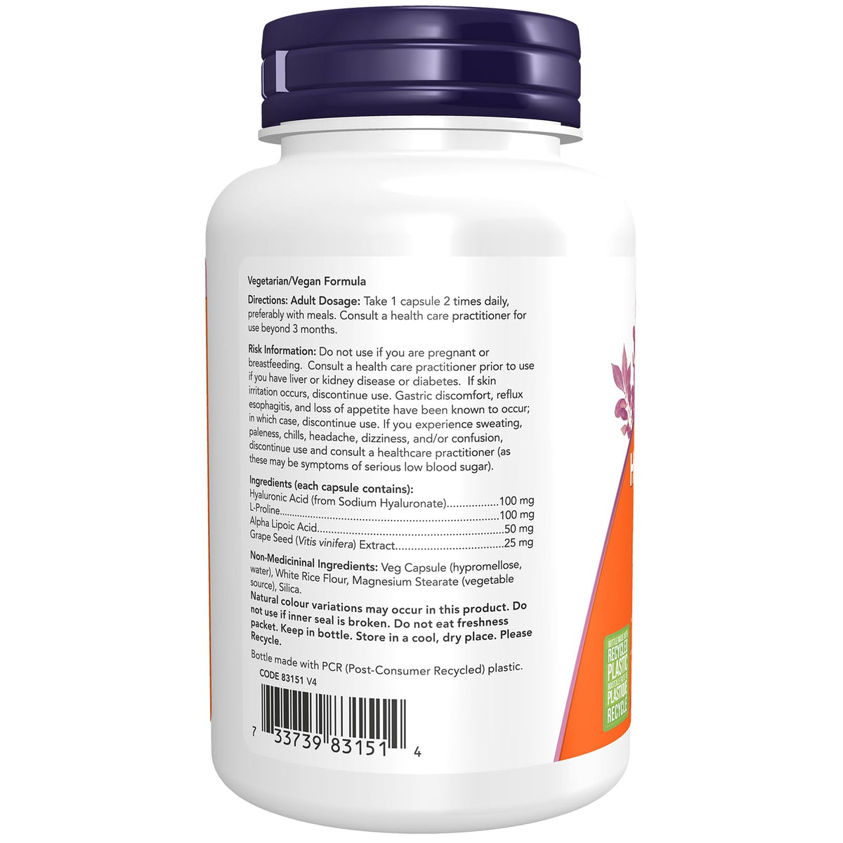 NOW Supplements, Hyaluronic Acid 100 mg, Double Strength with L-Proline, Alpha Lipoic Acid and Grape Seed Extract, 120 Veg Capsules