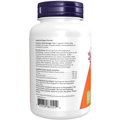 NOW Supplements, Hyaluronic Acid 100 mg, Double Strength with L-Proline, Alpha Lipoic Acid and Grape Seed Extract, 120 Veg Capsules