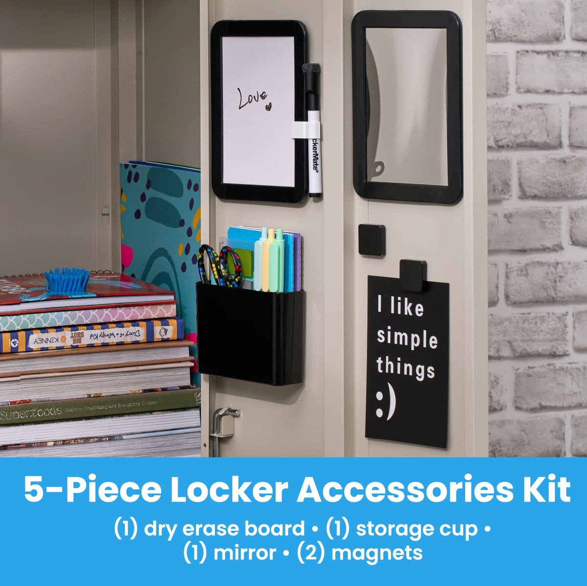 LockerMate 6-Piece Locker Organizer Kit, Includes Mirror, Whiteboard, Storage Cup & Dry Erase Marker, Black (5096-BLK)