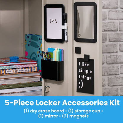 LockerMate 6-Piece Locker Organizer Kit, Includes Mirror, Whiteboard, Storage Cup & Dry Erase Marker, Black (5096-BLK)