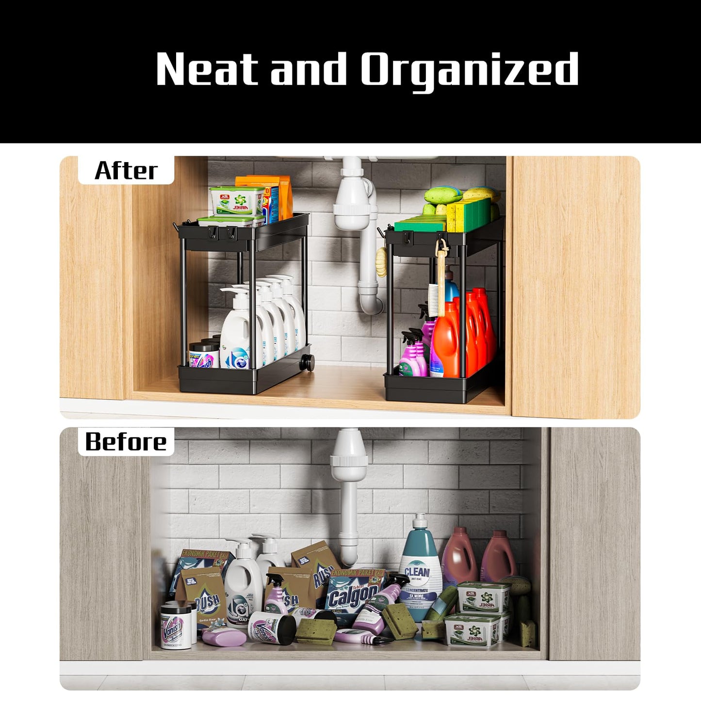 Cicilyna 2 Pack Under Sink Organizer, 2 Tier Bathroom Cabinet Organizers and Storage with Hook, Multi-purpose Storage Basket Shelf for Kitchen, Black - Available at All In One Marketplace Canada