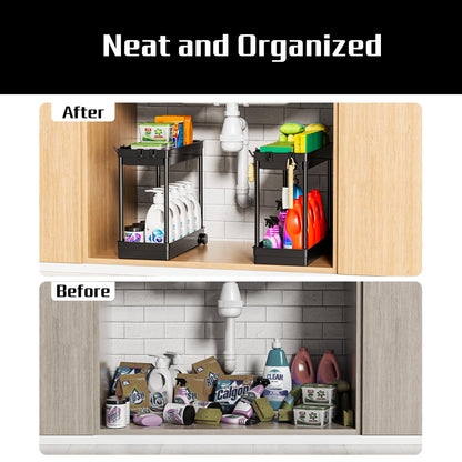 Cicilyna 2 Pack Under Sink Organizer, 2 Tier Bathroom Cabinet Organizers and Storage with Hook, Multi-purpose Storage Basket Shelf for Kitchen, Black - Available at All In One Marketplace Canada
