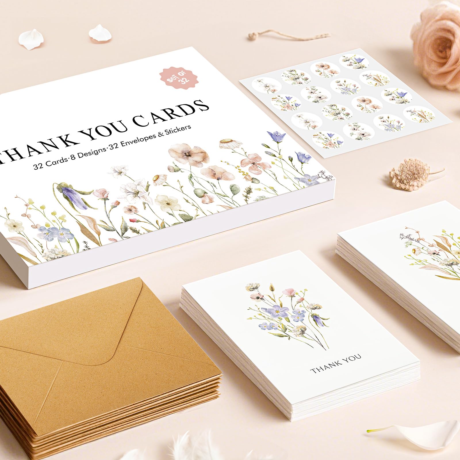 Thank You Cards with Envelopes - 32 Pack Wildflower Blank Cards With Adhesive Envelopes & Matching Stickers Perfect for Wedding, Bridal Showers, Baby Showers,Birthday, All Occasion