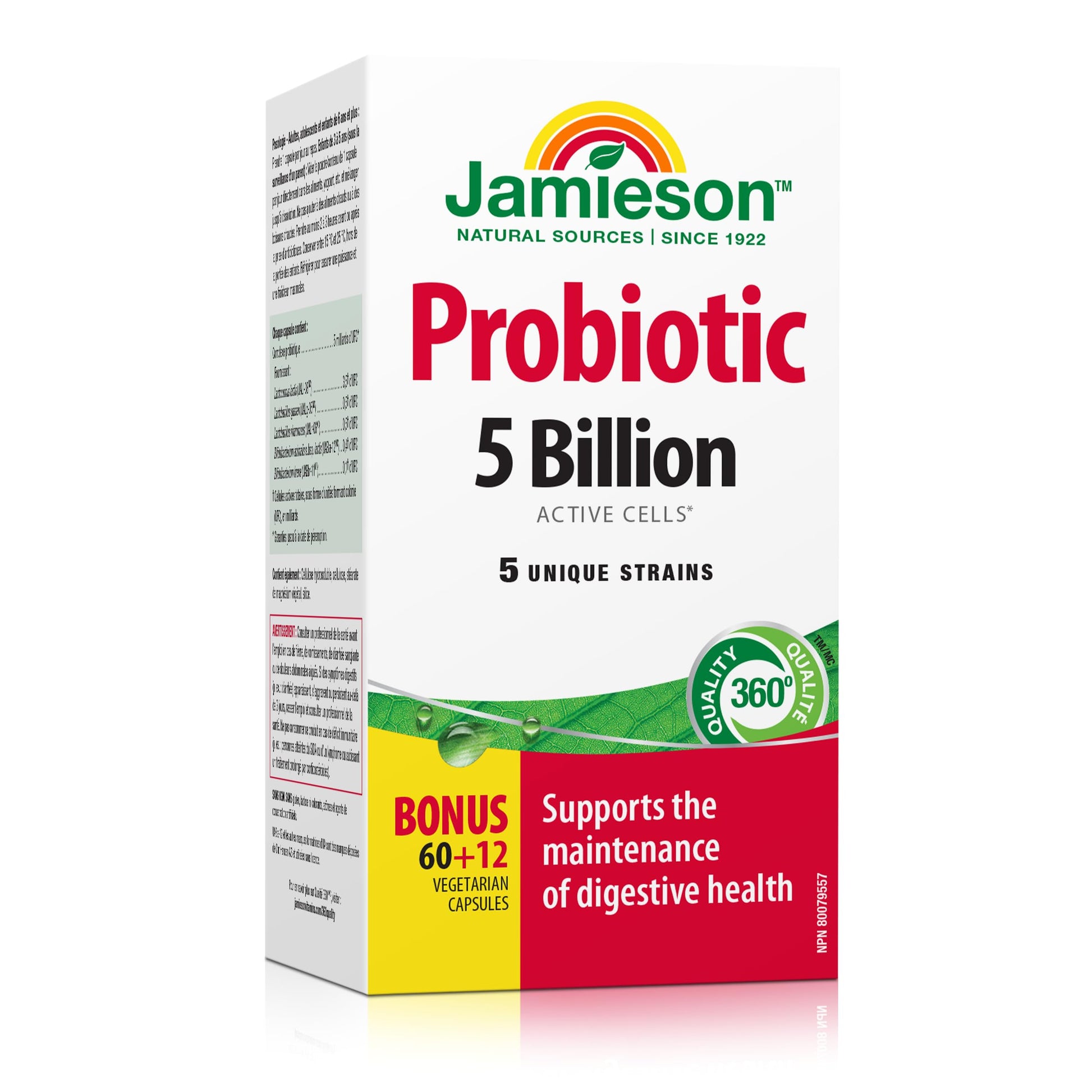 Jamieson Probiotic 5 Billion Active Cells, Bonus Size, Supports Digestive Health and Microbial Diversity. 5 Unique Strains, Including Lactobacillus and Bifidobacterium, Non-GMO, Gluten-Free, 72 Vegetarian capsules - Available at All In One Marketplace Canada